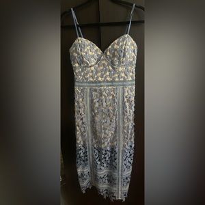 Blue and Nude Floral Appliqué Embroidered Midi Dress